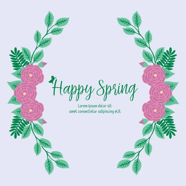 Happy spring greeting card template design, with elegant pattern of leaf and pink rose floral frame. Vector — Stock Vector