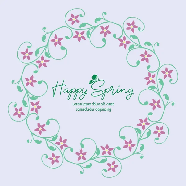 Romantic happy spring greeting card design, with unique leaf and pink wreath frame. Vector — Stock Vector