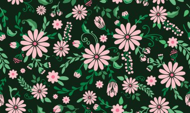 Yaprak ve çiçek çizimleriyle bahar çiçeklerinin kusursuz motifi.