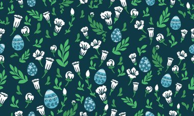 Paskalya için yumurta desenli arka plan, güzel desenli yaprak ve çiçekli. Koleksiyon