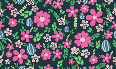 Modern yaprak ve çiçek desenli arkaplan tasarımlı şirin bir Paskalya yumurtası. Koleksiyon