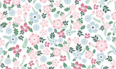 Bahar için zarif bir afiş, dikişsiz yaprak ve çiçek desenli arka plan tasarımı. Koleksiyon