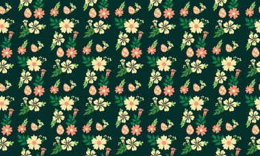 Paskalya için yumurta desenli arka plan, modern yaprak ve çiçek tasarımlı. Koleksiyon