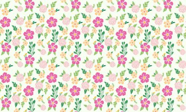 Bahar için pembe gül desenli arka plan, yaprak ve çiçek dekoru ile. Koleksiyon