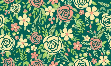 Bahar için zarif pembe gül çiçeği, yaprak ve çiçek desenli arka plan tasarımı. Koleksiyon