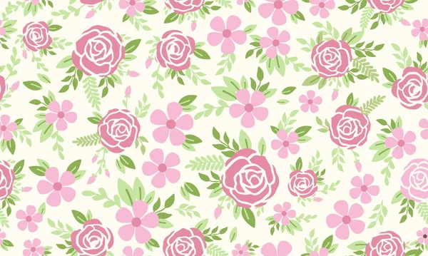 葉や花の絵で 春のかわいいバラの花のパターンの背景 コレクション — ストックベクタ