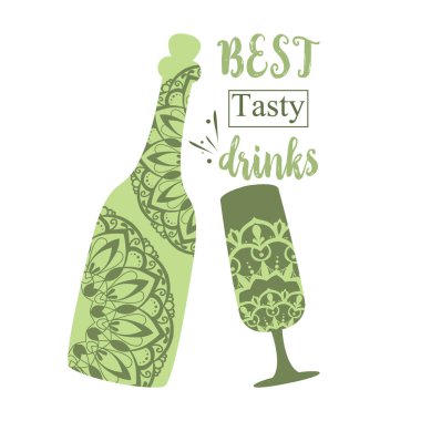 Parti için özel tasarım cam ve şişe şampanya. Vektör illüstrasyonu