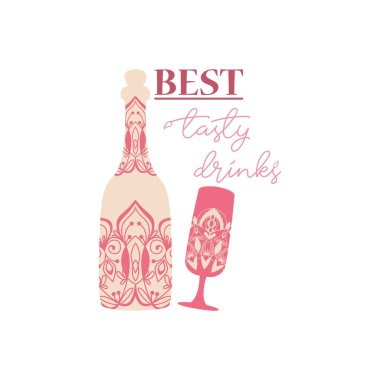 Şampanya ve şarap için kırmızı konsept şişe ve cam. Vektör illüstrasyonu