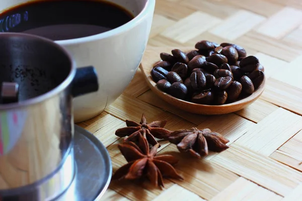 Aroma Drip Black Coffee Cinnamon Anise Bamboo Floor — Stock Photo, Image