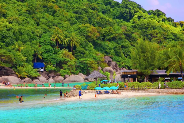 Foreigner Tourists Enjoy Relax Sunbathe Dive Scuba Snorkeling Beautiful Sea — Stock Photo, Image