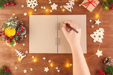 Kara kağıtta, tahta bir masanın üzerinde duran defteri aç..