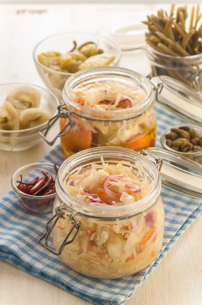 Homemade canned pickled and fermented vegetables for long-term s — 스톡 사진