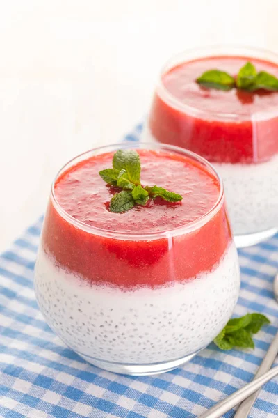 Chia pudding with mashed berry and fresh mint. Dessert in a glass jar. Organic natural tasty healthy raw food. Close up.