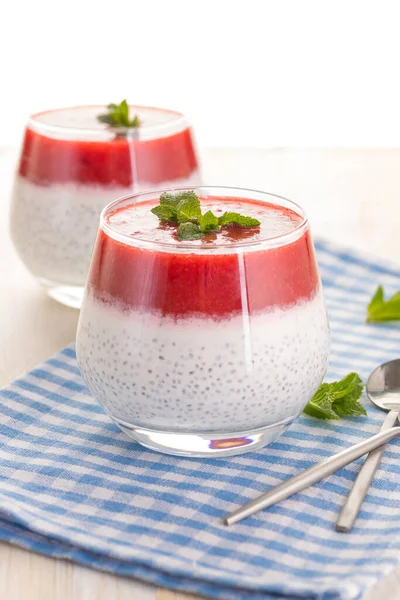 Chia pudding with mashed berry and fresh mint. Dessert in a glass jar. Organic natural tasty healthy raw food. Close up.