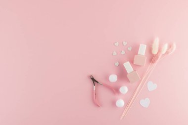 Manikür için alet çantası ve malzeme. Güzellik ve sağlığa salonda ya da evde dikkat edin. Düz yatıyordu. Üst görünüm.