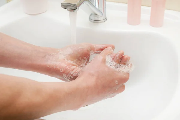 Laver Les Mains Avec Savon Eau Protection Antibactérienne Autosoin Arrêtez — Photo