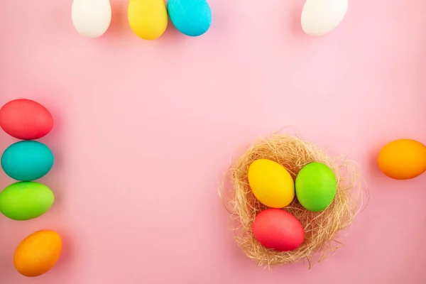Beautiful Easter Eggs Painted Yellow Red Green Pastel Colors Pink — Stock Photo, Image