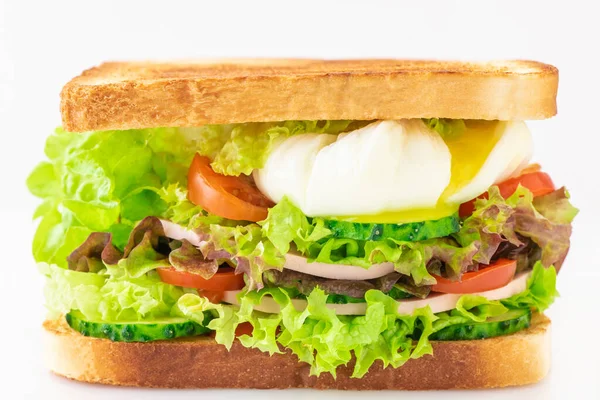 Sandwich Fresh Lettuce Ham Cucumber Tomato Poached Eggs Isolated White — Stock Photo, Image