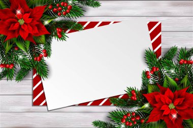 Noel tatili yatıyordu. Noktalı, ladin dallı ve kırmızı böğürtlenli üst görünüm kompozisyonu. Metin için boş tebrik kartı.