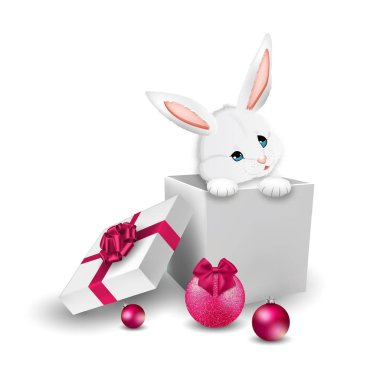Cute white rabbit in gift box isolated on white background. Christmas holiday illustration.