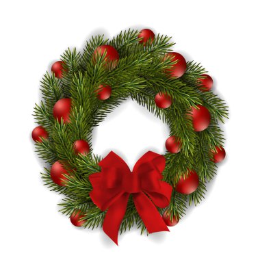Christmas wreath made of fir branches, isolated on white background. Realistic illustration, element for design.