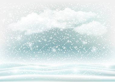Huzurlu kış tatili arkaplanı. Karlı arazi ve bulutlu gökyüzü.