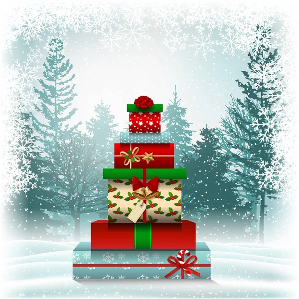 Uma Pilha Presentes Embrulhados Paisagem Férias Inverno Natal Cartão Saudação — Fotografia de Stock