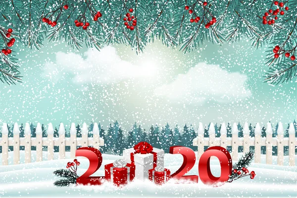 Fundo Ano Novo Com Presentes Números 2020 Floresta Paisagem Inverno — Fotografia de Stock