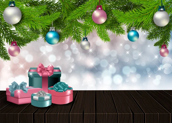 Weihnachtlicher Hintergrund Mit Leerem Tisch Geschenken Und Weihnachtsdekoration Für Produktplatzierung — Stockfoto