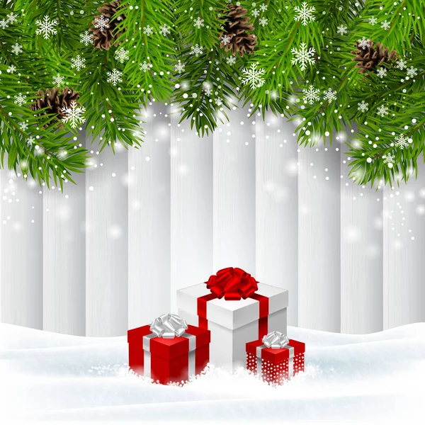 Drei Geschenkboxen Schnee Vor Holzbrettern Und Grünen Fichtenzweigen Hintergrund Weihnachtsurlaub — Stockfoto