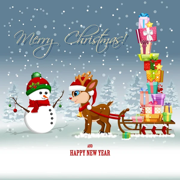 Christmas Greeting Card Snowman Cute Reindeer Sleigh Big Pile Presents — Stock Photo, Image