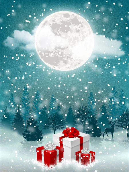 Christmas Eve Presents Forest Shiny Moon Beautiful Night Holiday Scenery — Stock Photo, Image