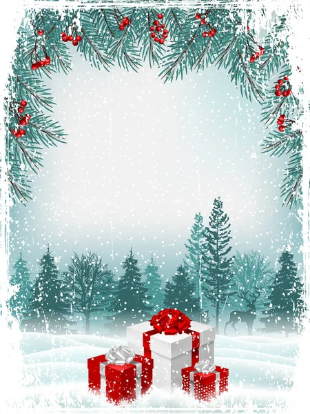 Weihnachtsferien Kulisse Winter Wald Hintergrund Mit Roten Geschenk Boxen — Stockfoto