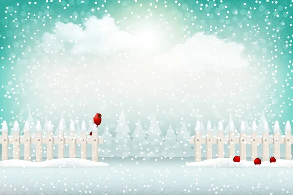 冬の休日の背景 白い柵 赤いロビンと装飾品と農村森林のシーン — ストック写真