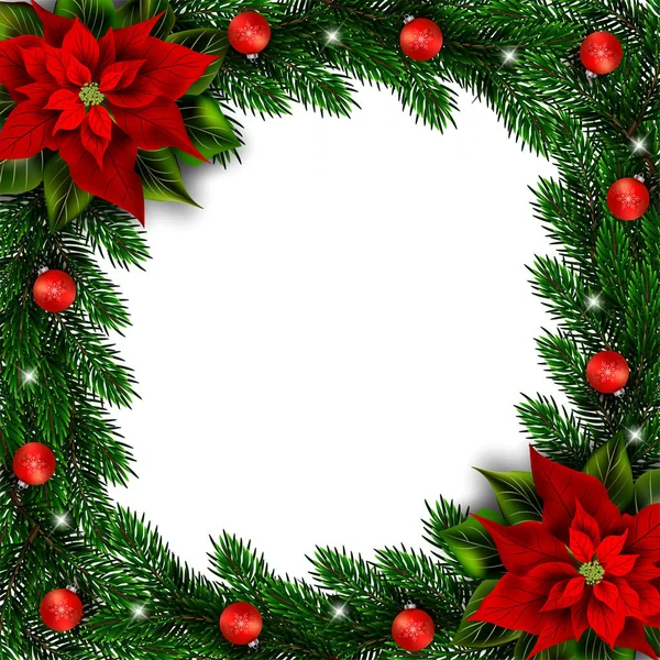 Christmas Holiday Frame Fir Branches Poinsettia Ornaments Realistic Illustration Copy — Stock Photo, Image