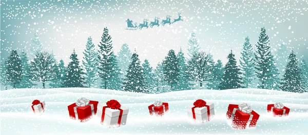 Свято Відкритому Повітрі Зимова Сцена Подарунками Снігу Різдвяний Банер — стокове фото