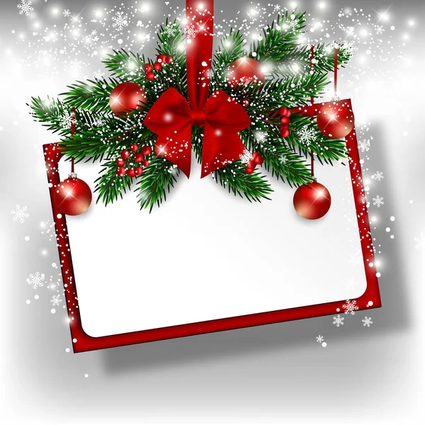 Висячий Різдвяний Банер Прикрашений Ялиновими Гілками Червоними Прикрасами Бантом Блискуча — стокове фото