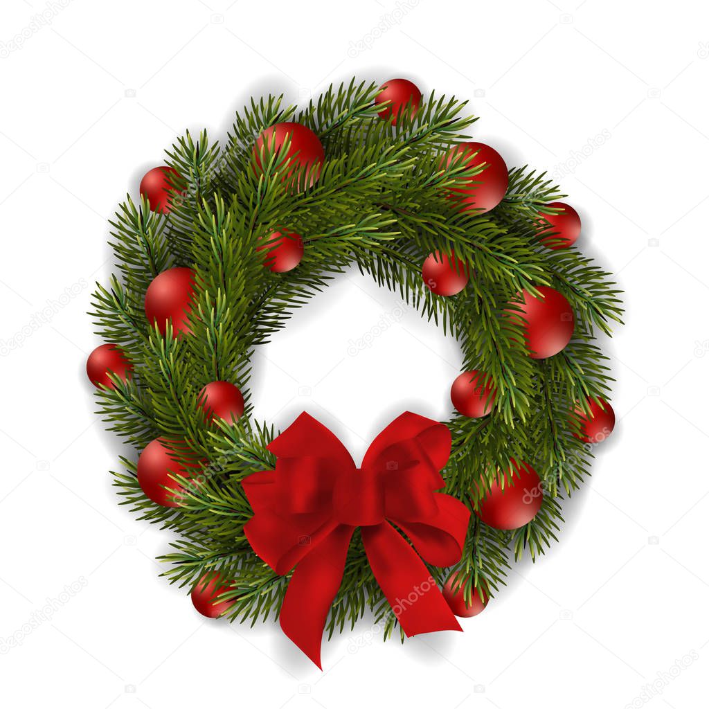 Christmas wreath made of fir branches, isolated on white background. Realistic illustration, element for design.