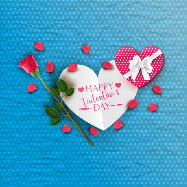 Gelukkige Valentijnskaart Met Roze Roos Hartvormige Geschenkdoos Boodschap Blauwe Achtergrond — Stockfoto