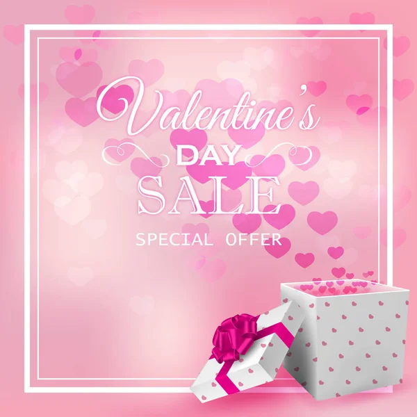 Valentine's day sale poster with open gift box and hearts on pink background