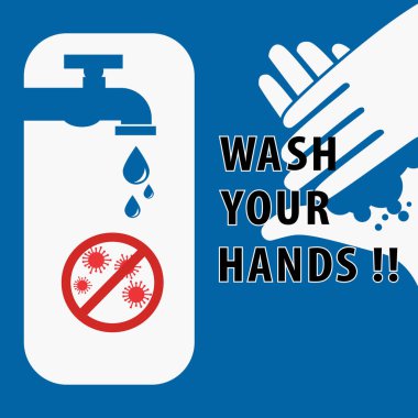 Yıkanan Ellerin Vektör İllüstrasyonu. Virüs posterinin yayılmasını önlemek için ellerinizi yıkayın. simge.