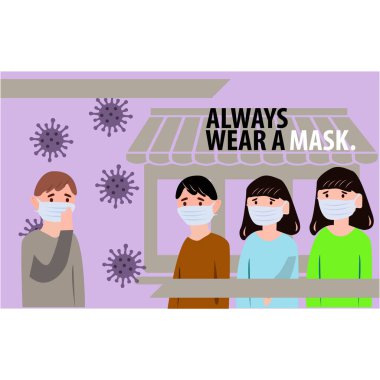 Temyiz posterleri virüslerin yayılmasını önlemek için maske kullanır. Maske kullanmanın vektör çizimi. Sembol simgesi. Hijyenik, ekipman. Düz tasarım.