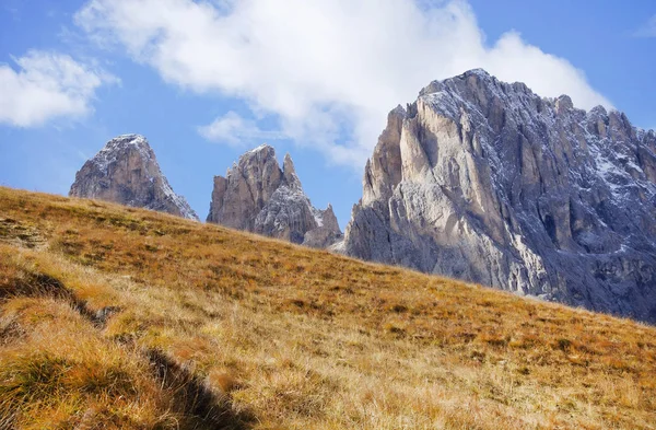 Le Groupe Langkofel (en italien : Gruppo del Sassolungo) le massif des Dolomites (occidentales) — Photo