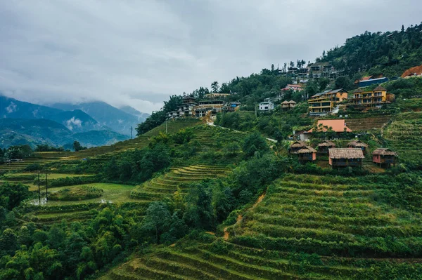 Horní pohled z ptačí perspektivy na sklizené zelené rýžové terasy a malé chatrče v Sapě v severním Vietnamu. Výstřel na podzim, říjen 2019 — Stock fotografie