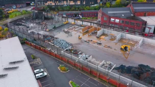 Sheffield, UK - 8th November 2019: Flash flooding in Yorkshire causes the River don to burst its banks and flood nearby construction sites — Stock Video