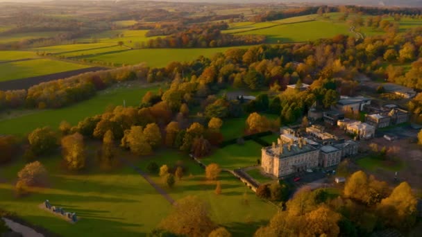 Aerial footage Autumn Sunset at Bretton Hall, a beautiful Georgian Country House — Stock Video