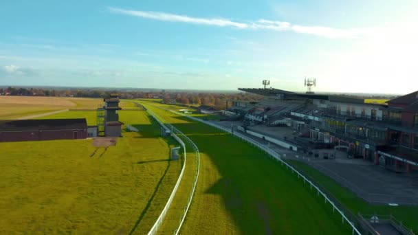 Aerial footage drone flying along Beverley Racecourse, Sunrise. Winter 2019 — Stock Video