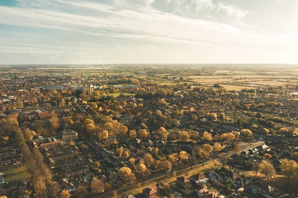 Aerial panoramic shot of Beverley town and Minster from the sky in November 2019 with beautiful autumn colours over the small market town in East Yorkshire, UK — Stock Photo, Image