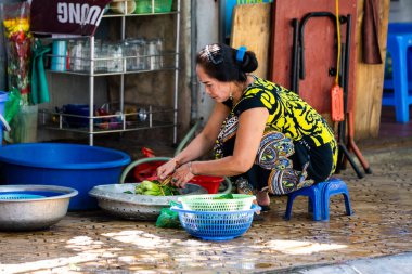Hanoi, Vietnam - 12 Ekim 2019: Asyalı bir kadın sokaklarda öğle yemeği olarak sokak yemeği olarak satmak için sebzeleri yıkıyor ve hazırlıyor