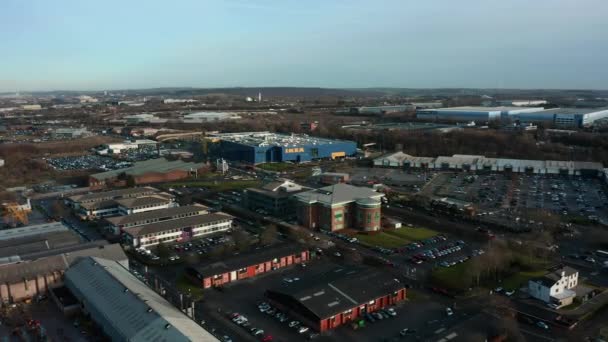 Sheffield, UK - 16th December 2019: Aerial Footage panning around Ikea megastore warehouse in Sheffield, South Yorkshire, UK — Stock Video